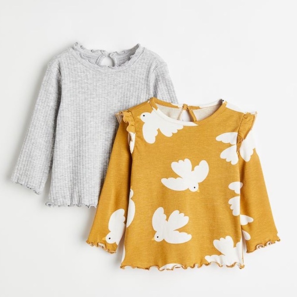 H&M Baby Girls Kids Ribbed Shirt Tops 2 pack Set Birds 3T